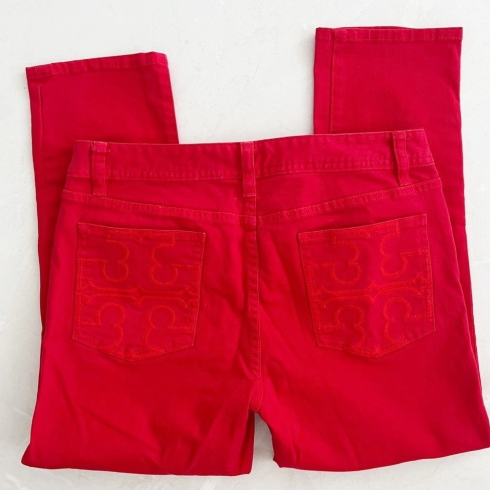 Tory Burch Red Cropped Skinny Jeans Embroidered Logo Pockets Size 26 denim NEW - Picture 12 of 15